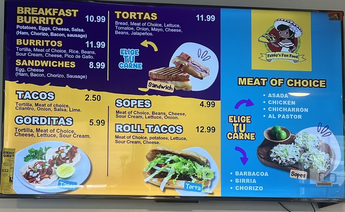 Fabby's Fun Food menu board