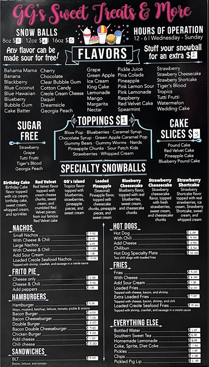 GG’s Sweet Treats & More menu board