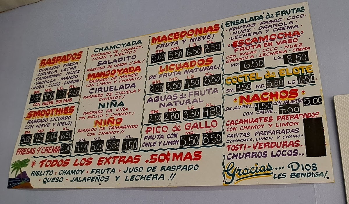 Penas Snowcones Tacos Y Mas menu board