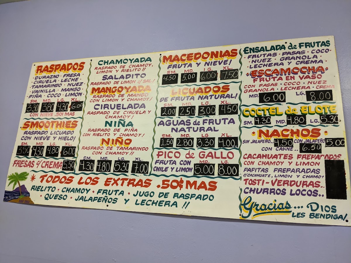 Penas Snowcones Tacos Y Mas menu board