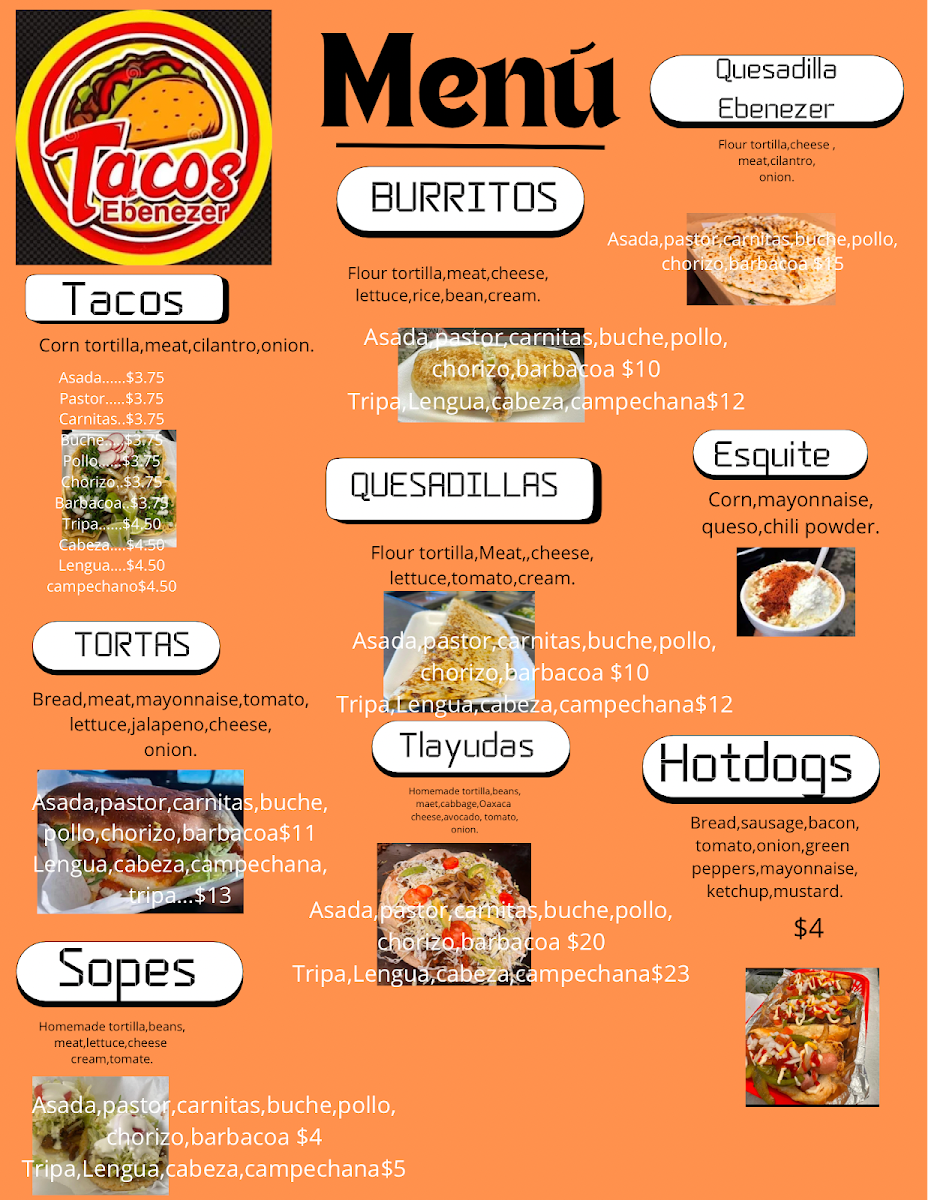 Tacos Ebenezer menu board