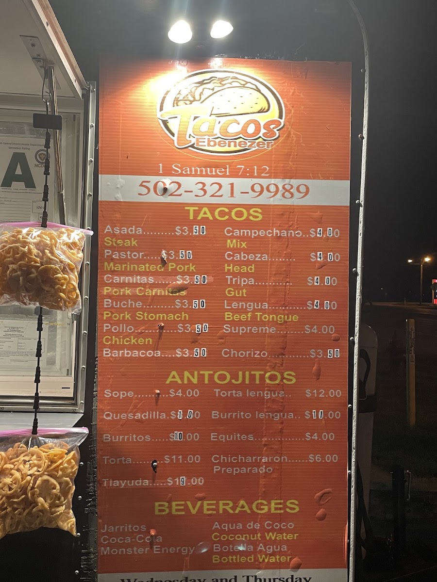 Tacos Ebenezer menu board