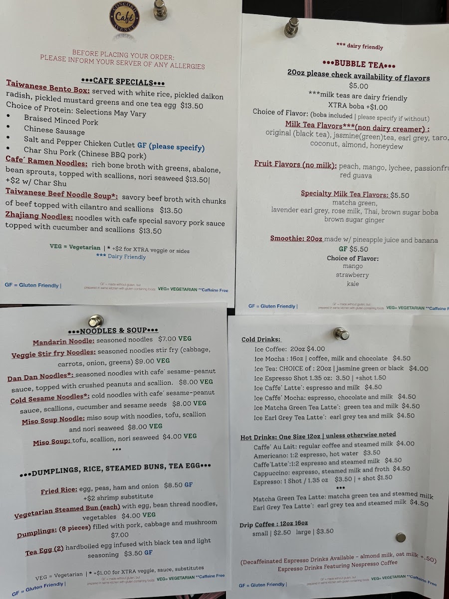 Concord Avenue Cafe menu board