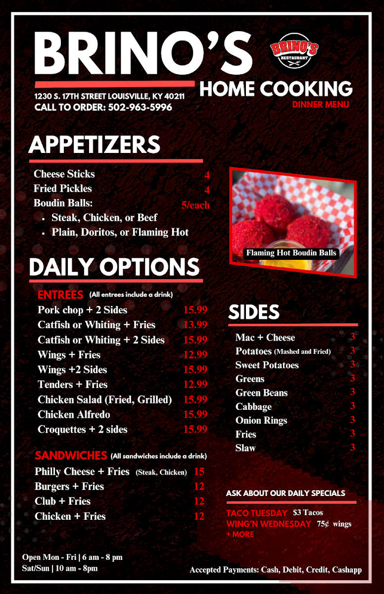 Brino's Restaraunt menu board