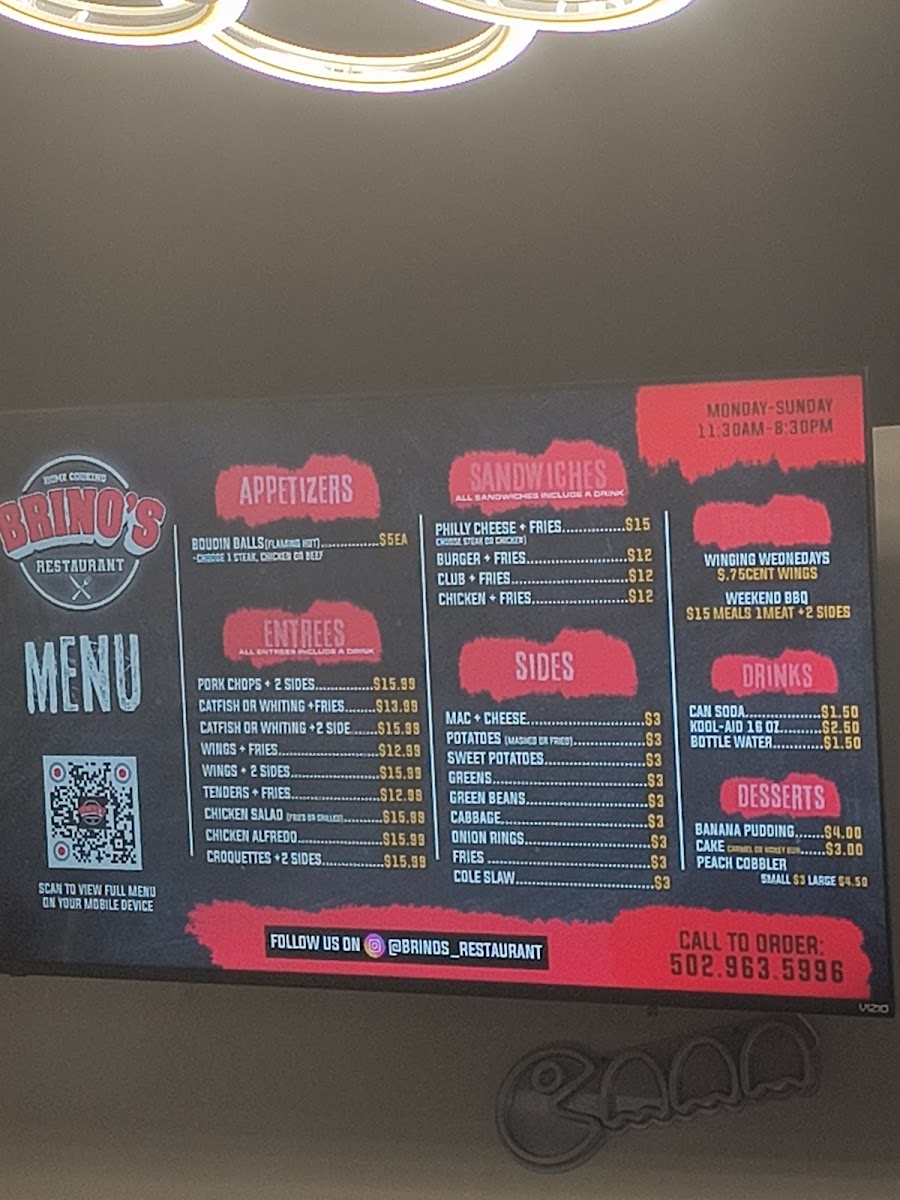 Brino's Restaraunt menu board