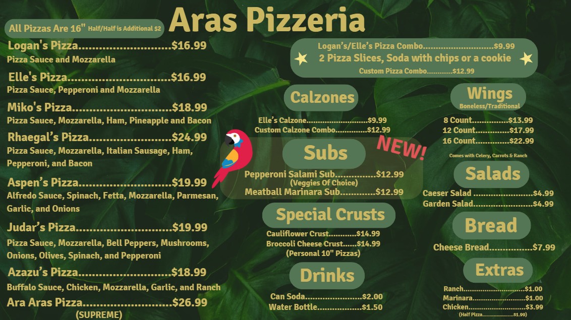 Ara's Pizzería menu board