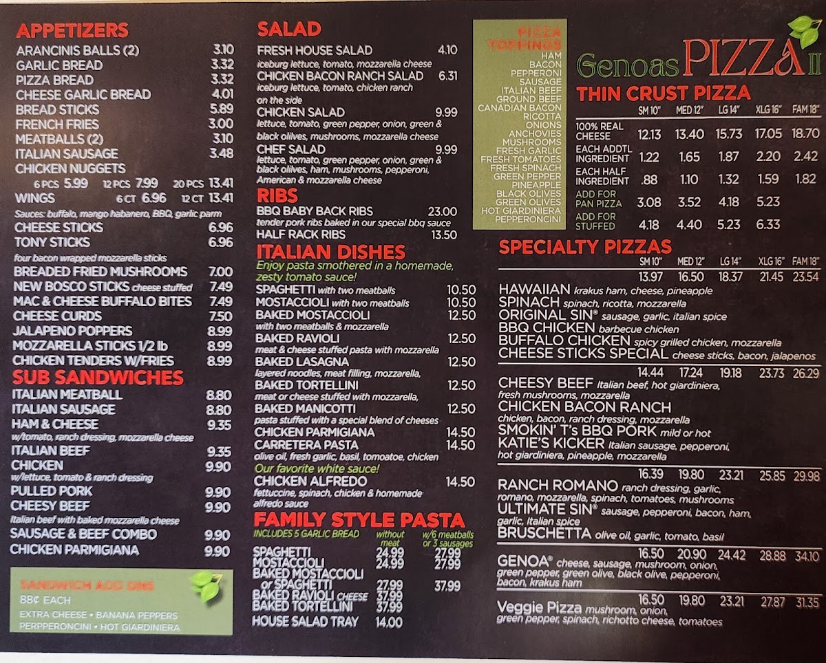 GENOA'S PIZZAS #2 LLC menu board