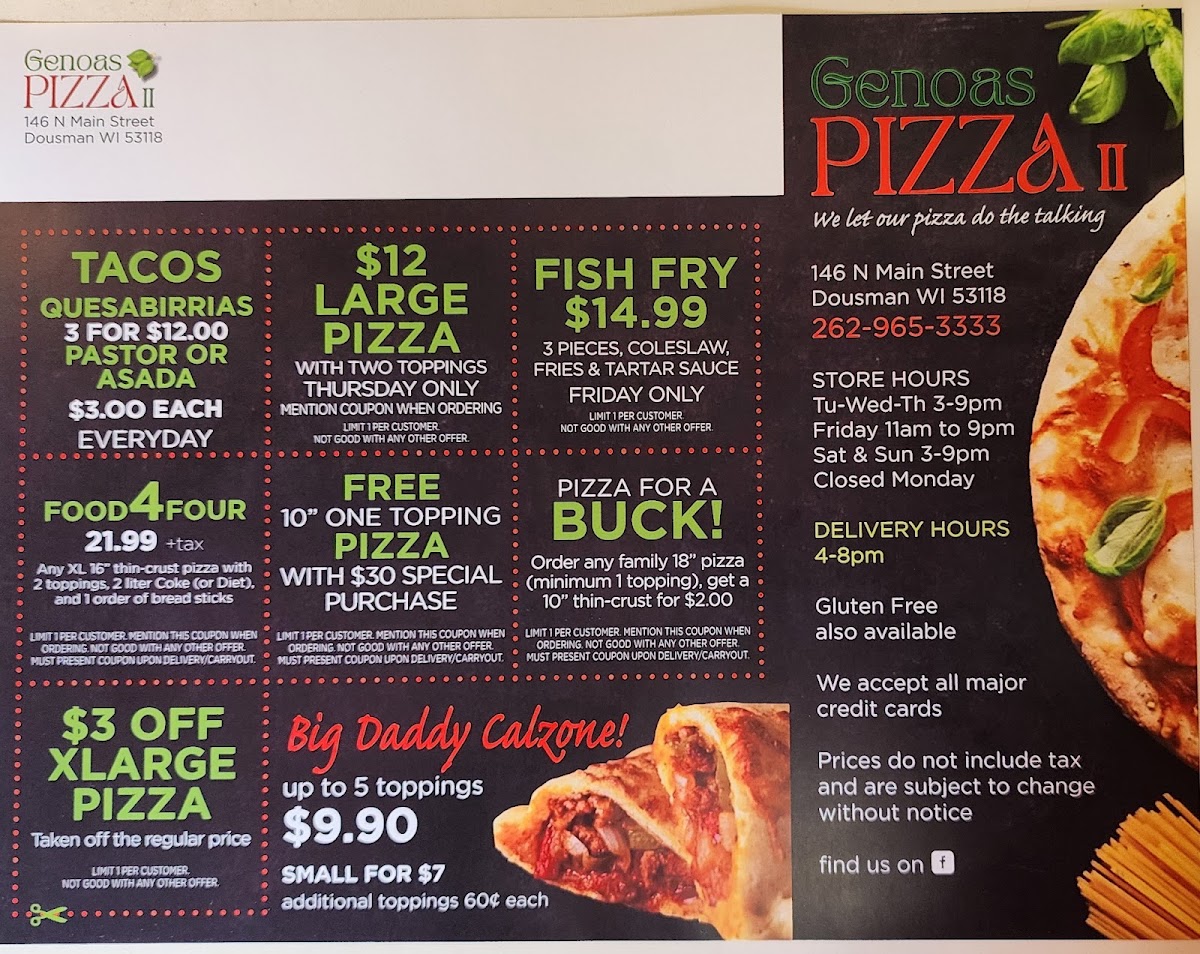 GENOA'S PIZZAS #2 LLC menu board