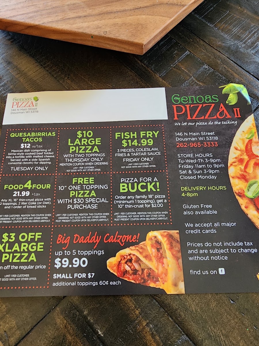 GENOA'S PIZZAS #2 LLC menu board