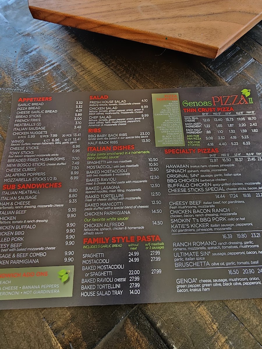 GENOA'S PIZZAS #2 LLC menu board