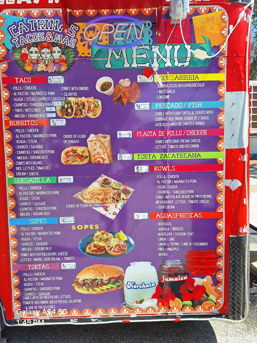 Catrinas Tacos Y Mas menu board