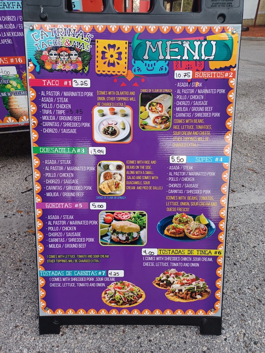 Catrinas Tacos Y Mas menu board
