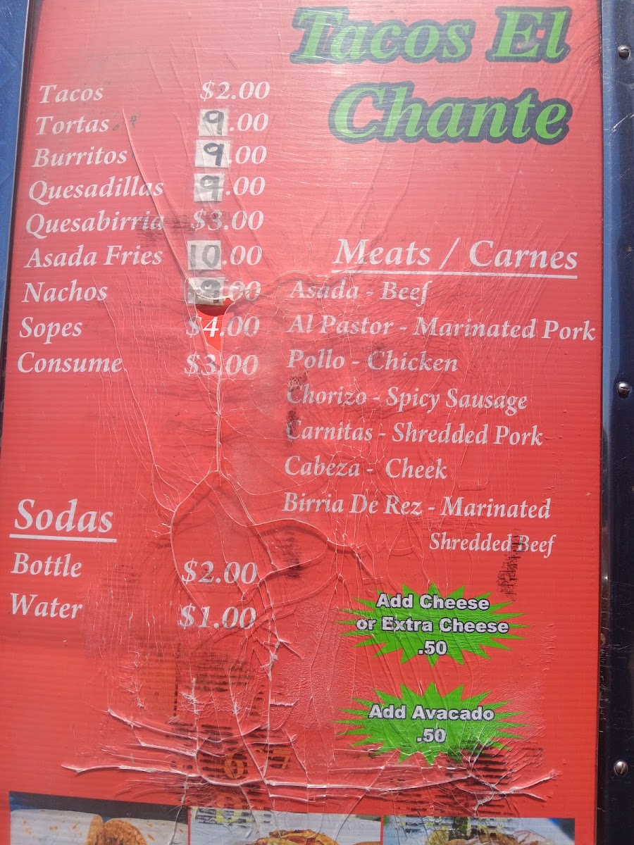 Tacos El Chante menu board