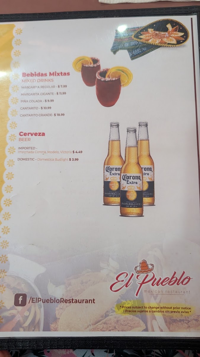 El Pueblo Restaurant menu board