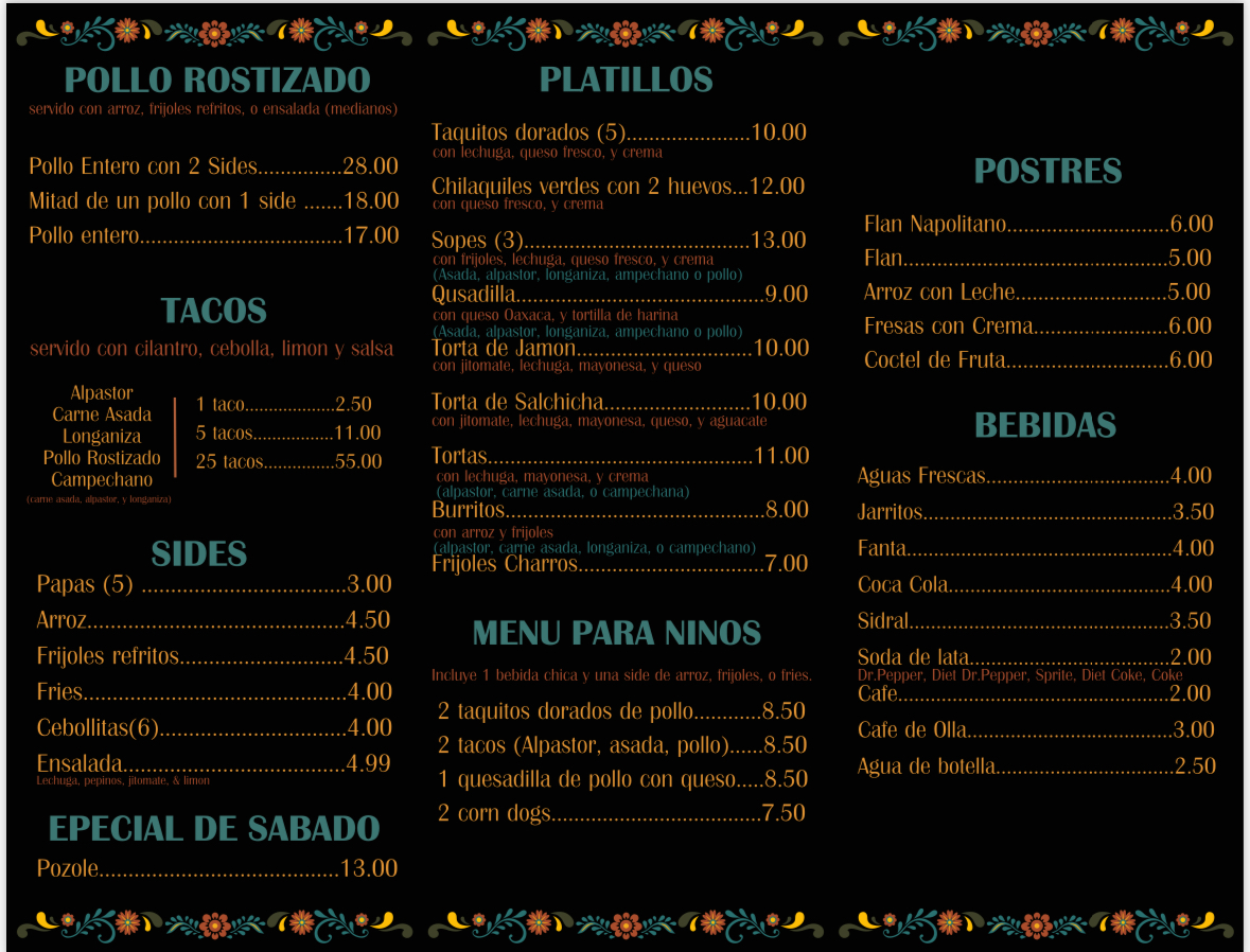 Rostiseria Y Taqueria Alcantara menu board