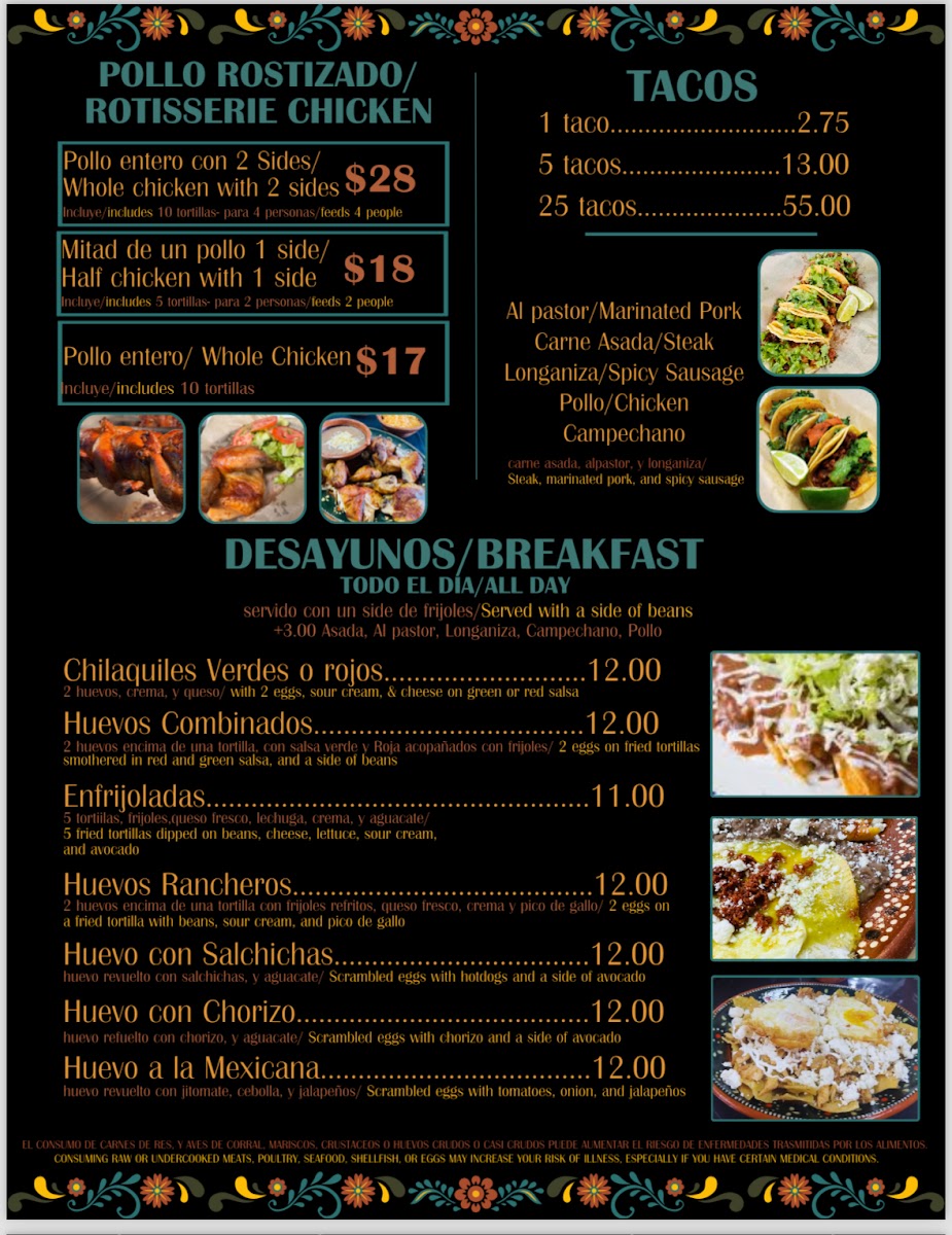 Rostiseria Y Taqueria Alcantara menu board