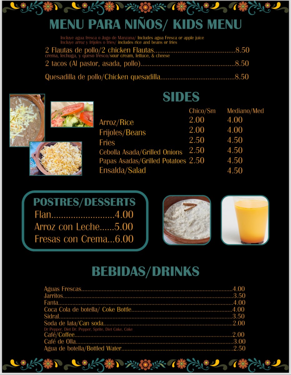 Rostiseria Y Taqueria Alcantara menu board