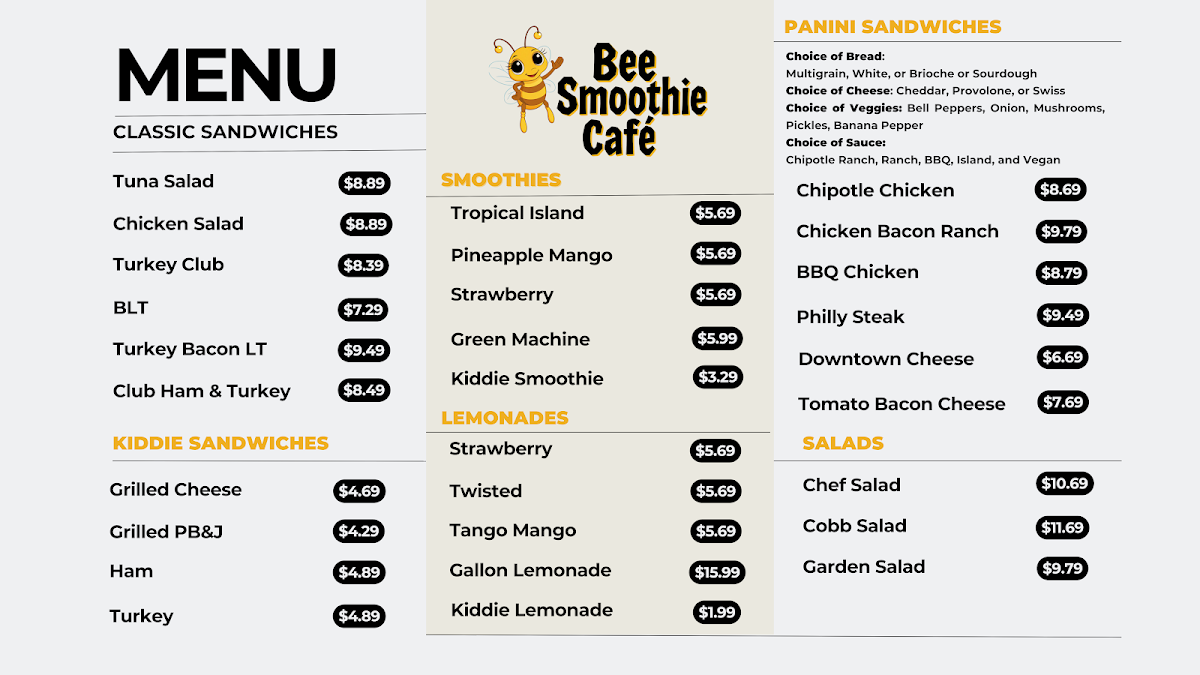 Bee Smoothie's Cafe menu board