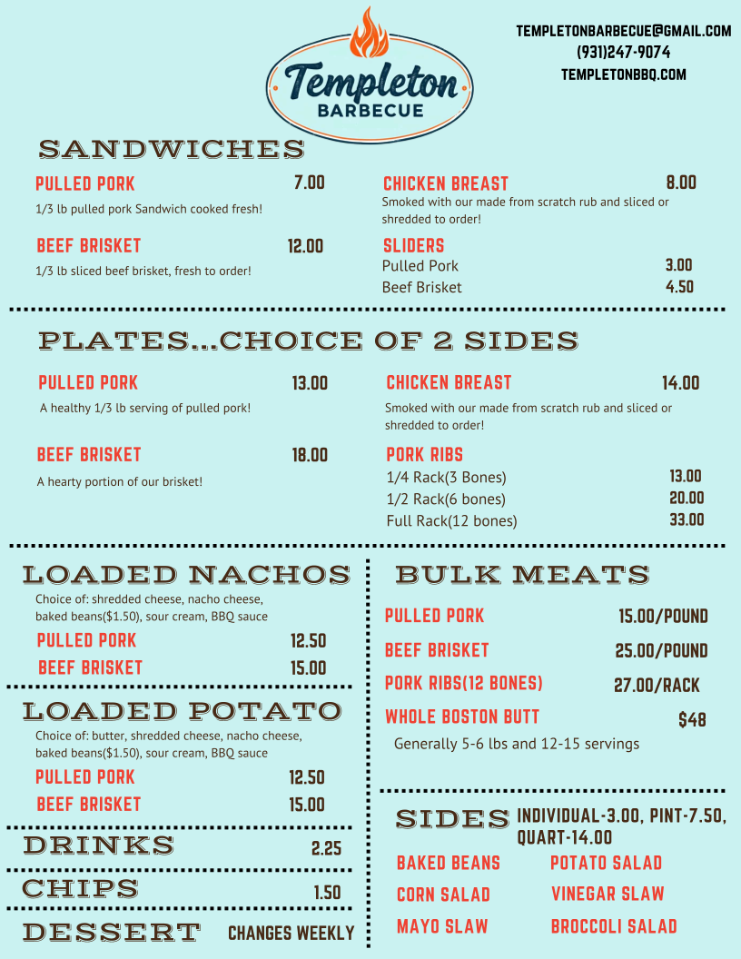 Templeton Barbecue menu board