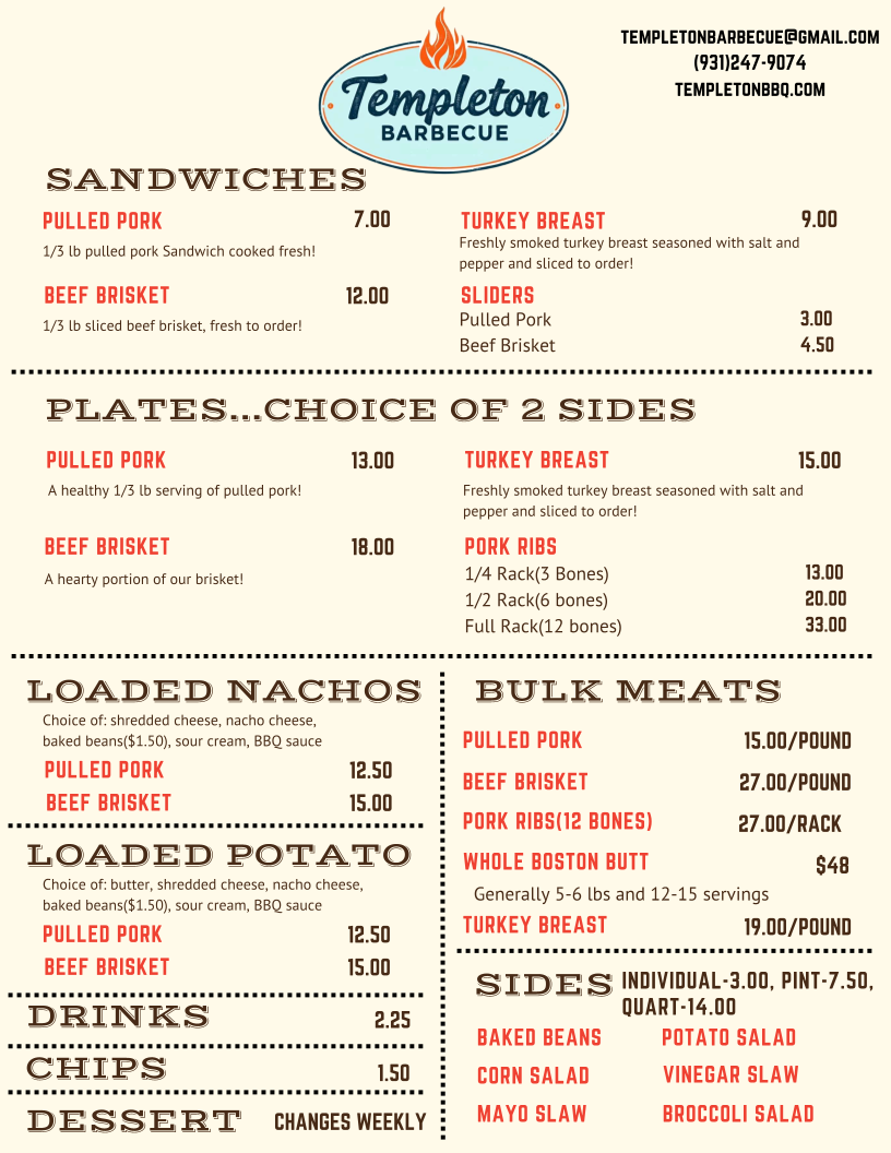 Templeton Barbecue menu board