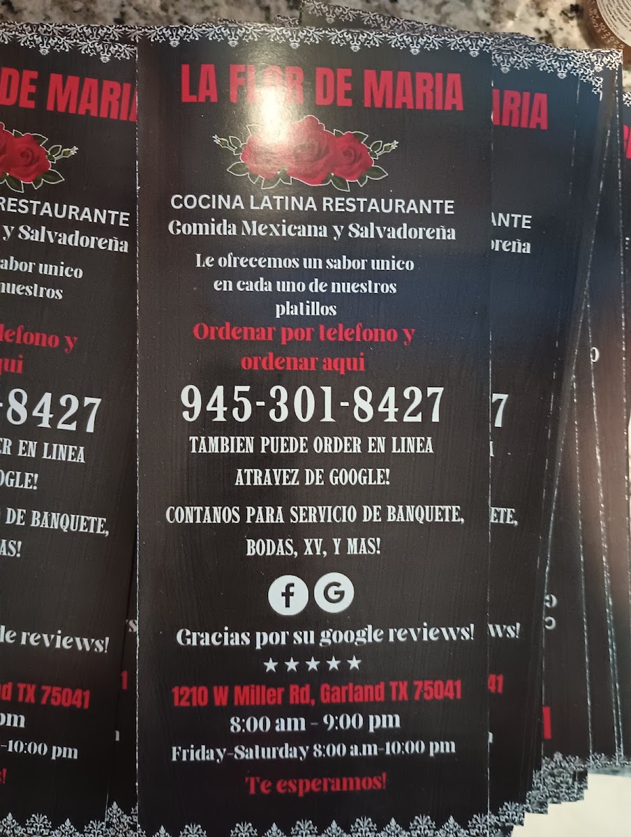 La Flor De María Cocina Latina menu board