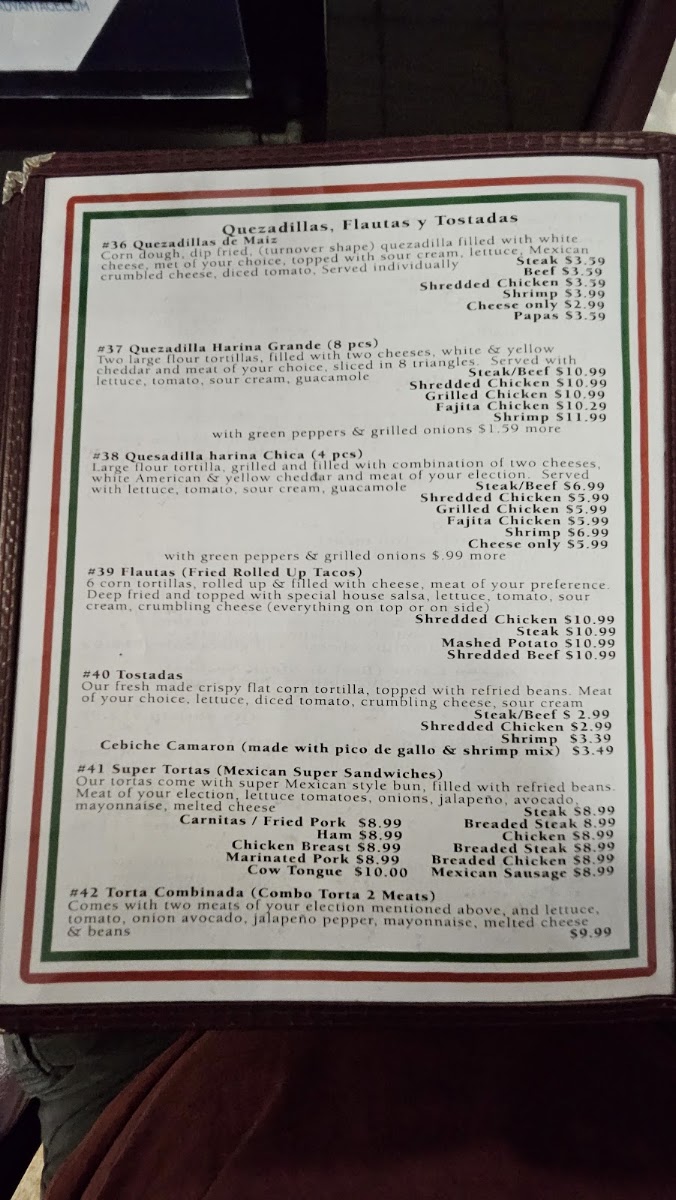 Michoacan Mexican Restaurant menu board