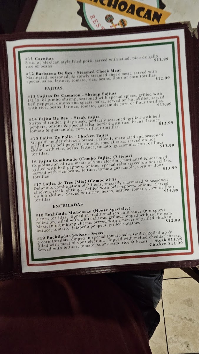 Michoacan Mexican Restaurant menu board
