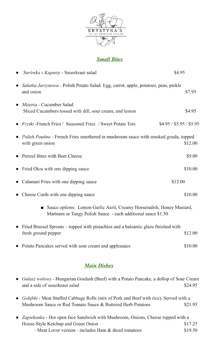 Krystyna's | Polish American Cuisine menu board
