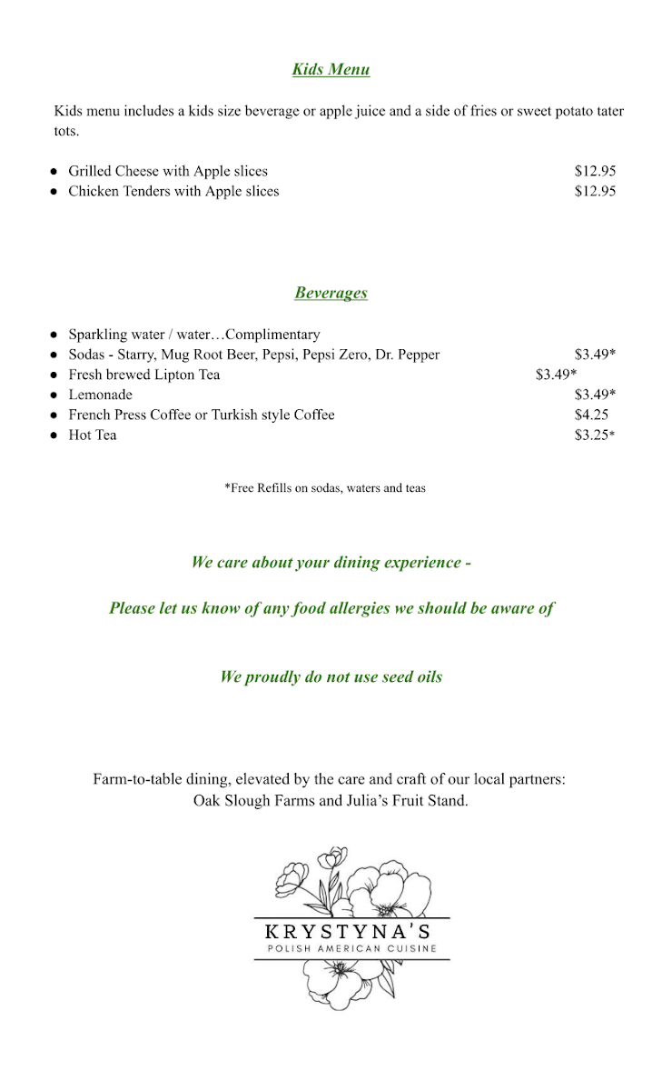 Krystyna's | Polish American Cuisine menu board