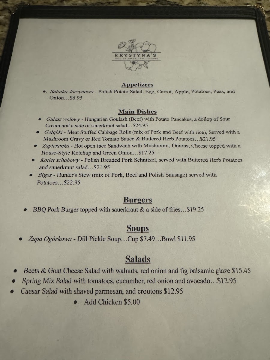 Krystyna's | Polish American Cuisine menu board