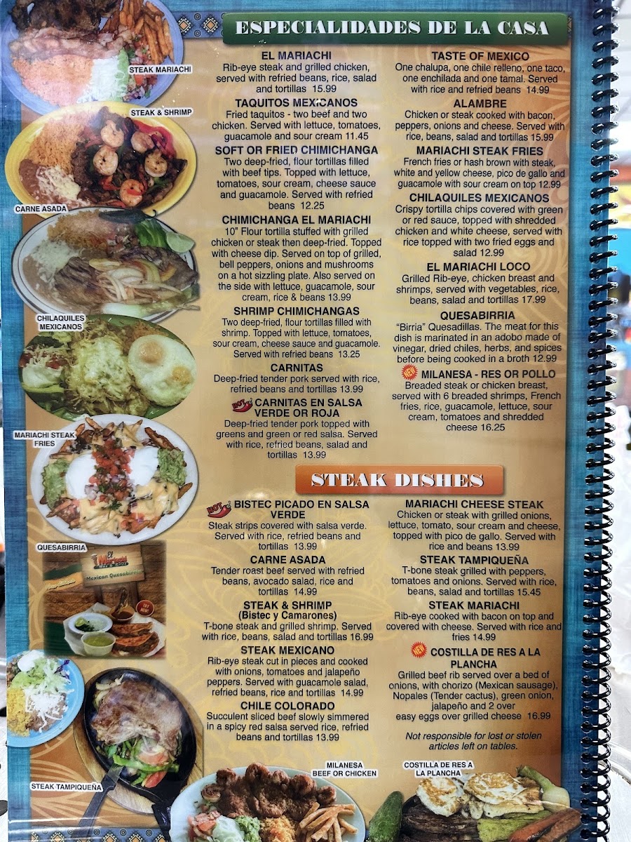El Mariachi in Burgaw NC menu board
