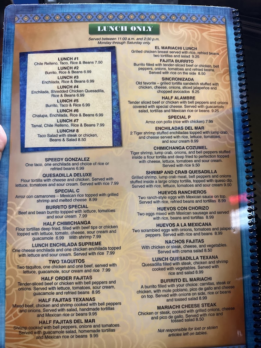 El Mariachi in Burgaw NC menu board