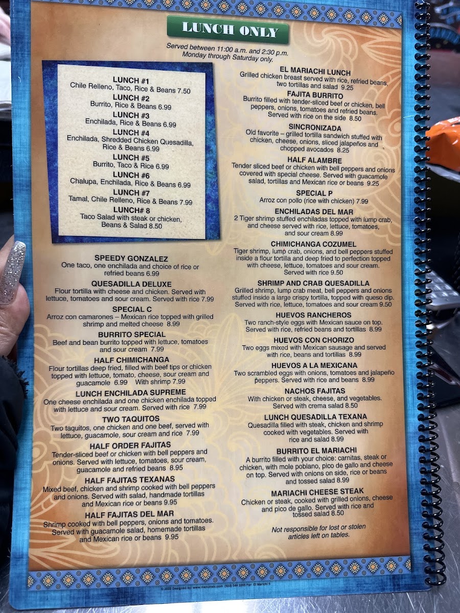 El Mariachi in Burgaw NC menu board
