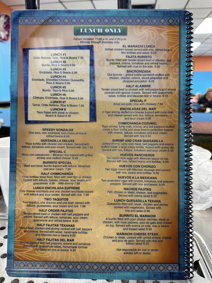 El Mariachi in Burgaw NC menu board