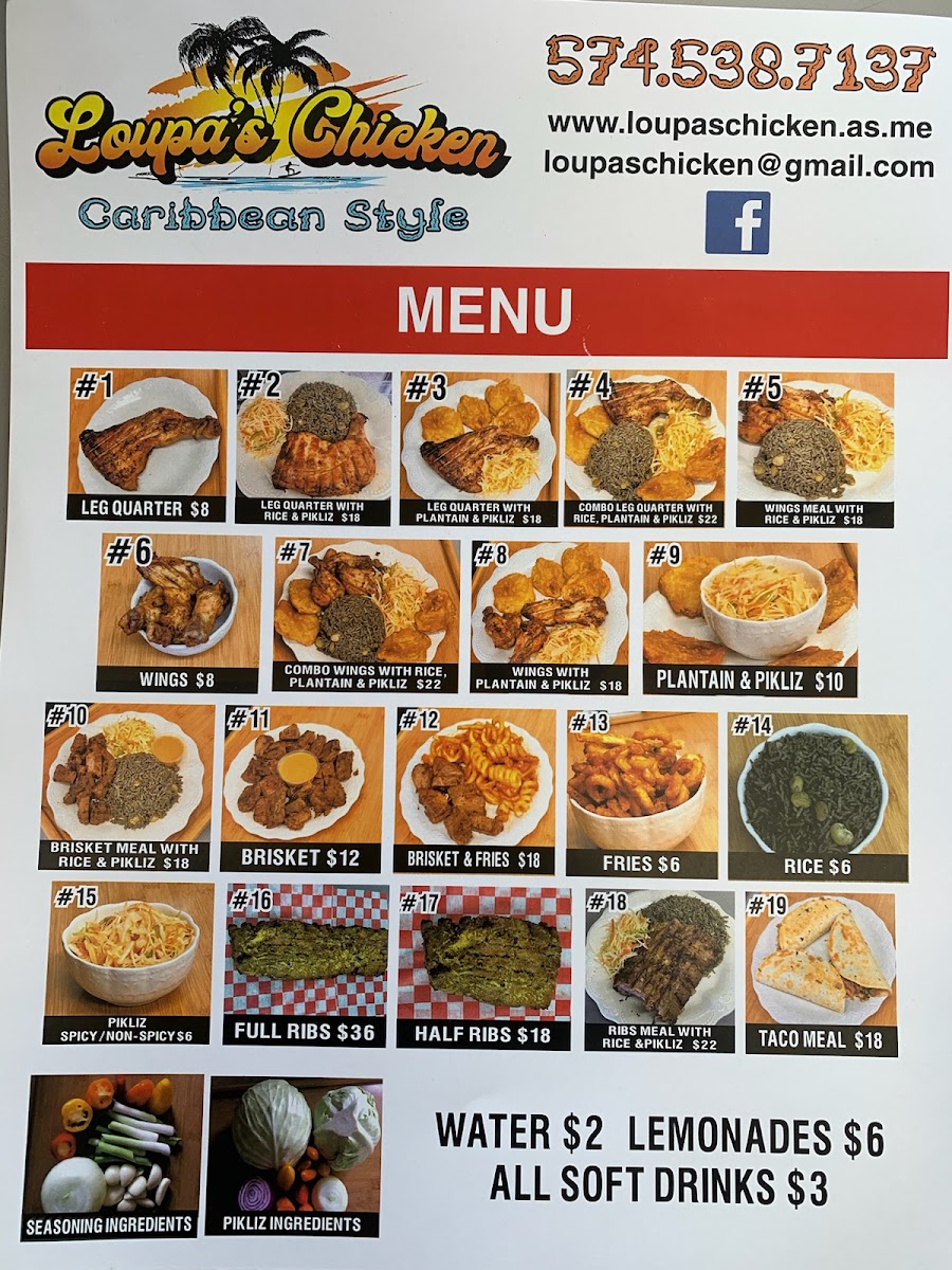 loupa's chicken Caribbean style menu board