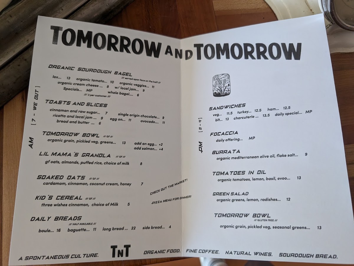 Tomorrow and Tomorrow menu board
