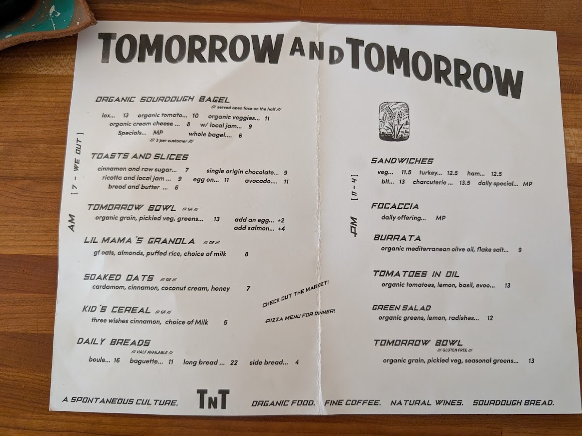 Tomorrow and Tomorrow menu board