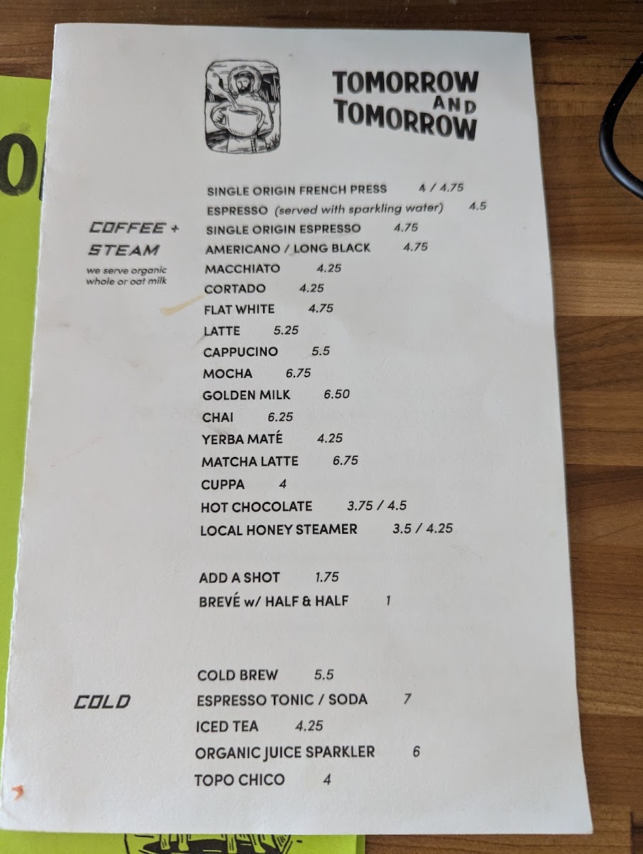 Tomorrow and Tomorrow menu board