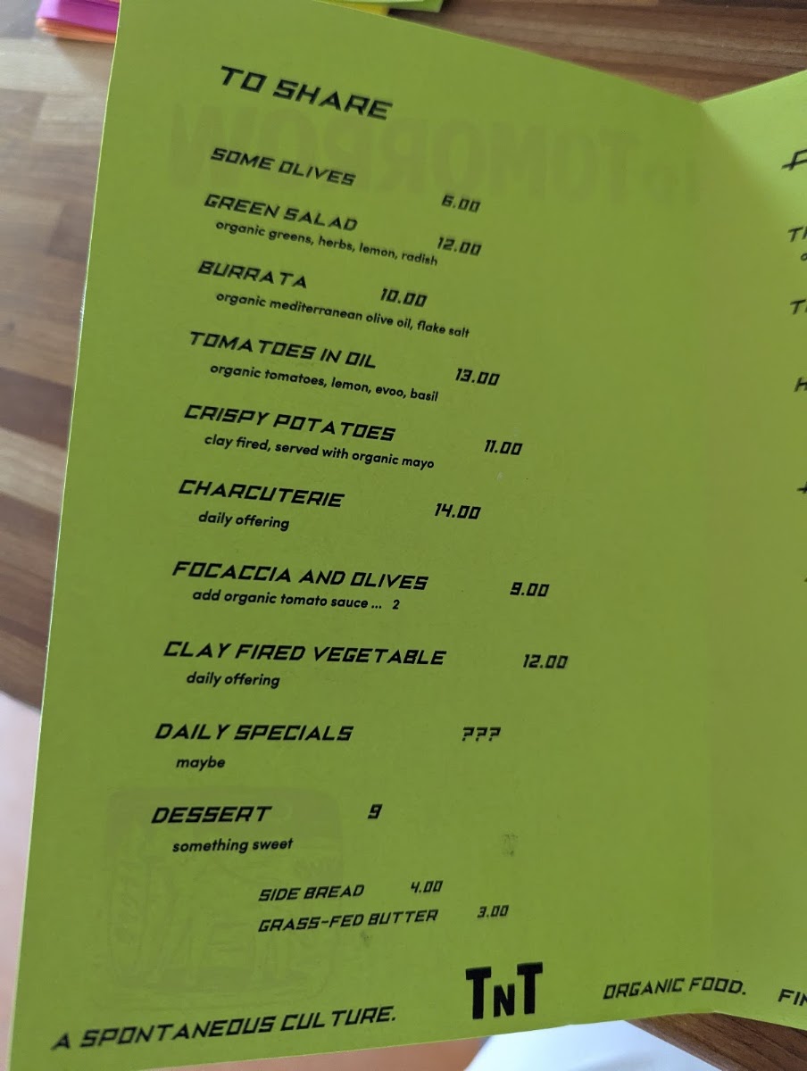 Tomorrow and Tomorrow menu board