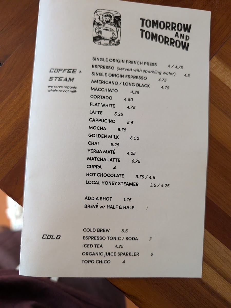 Tomorrow and Tomorrow menu board