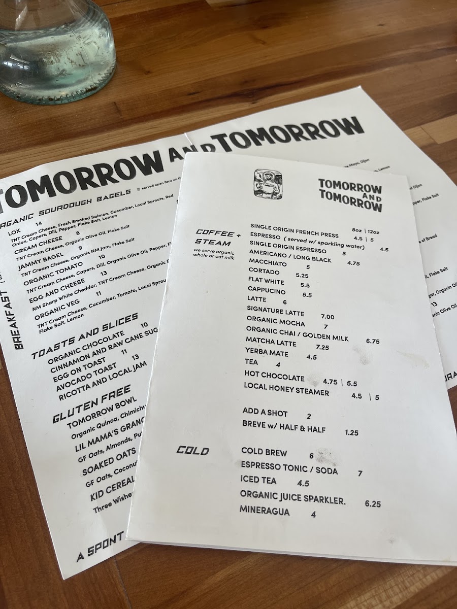 Tomorrow and Tomorrow menu board