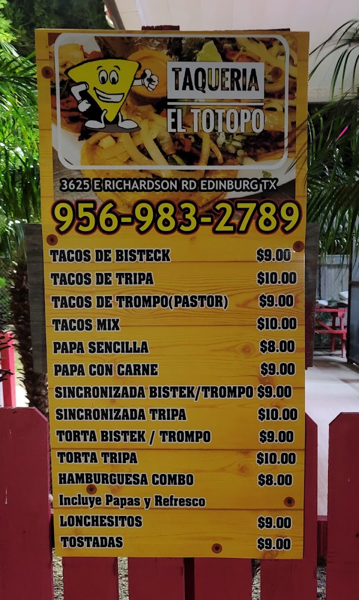 Taqueria el totopo menu board