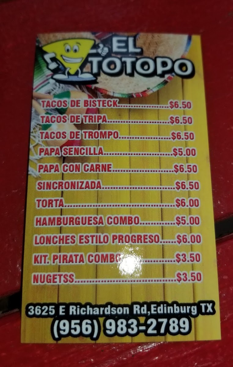 Taqueria el totopo menu board