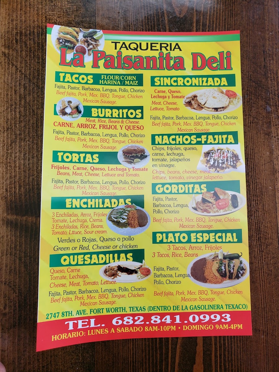 La Paisanita taqueria deli menu board