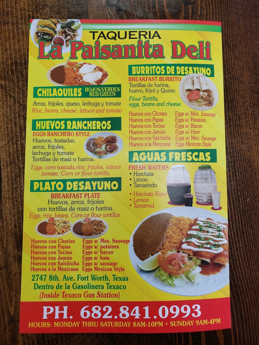 La Paisanita taqueria deli menu board