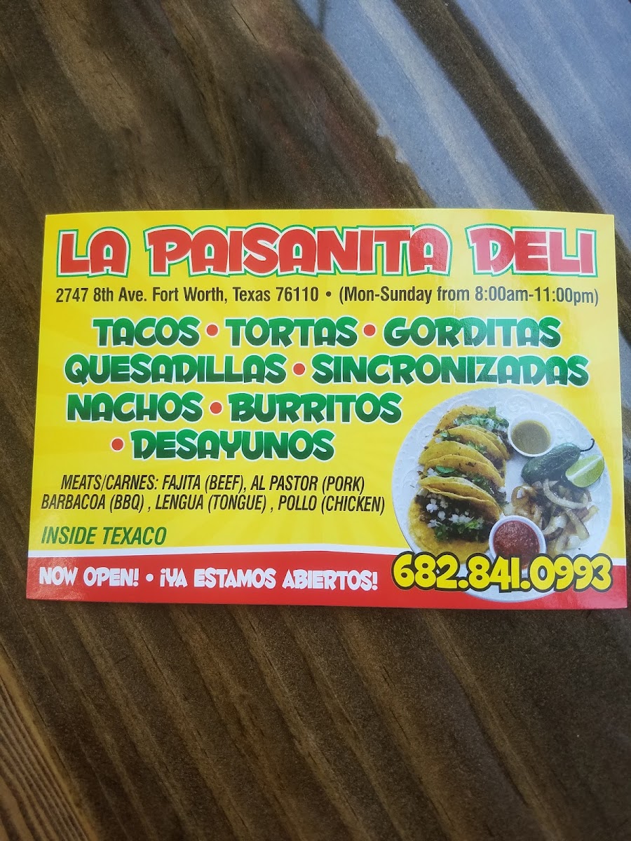 La Paisanita taqueria deli menu board