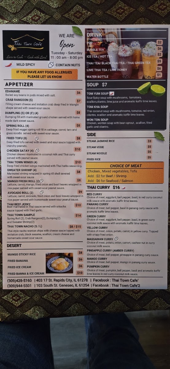 Thai Town Cafe Geneseo menu board