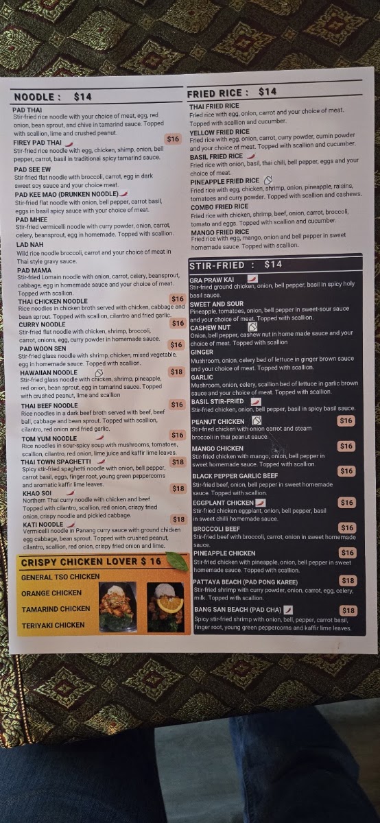 Thai Town Cafe Geneseo menu board