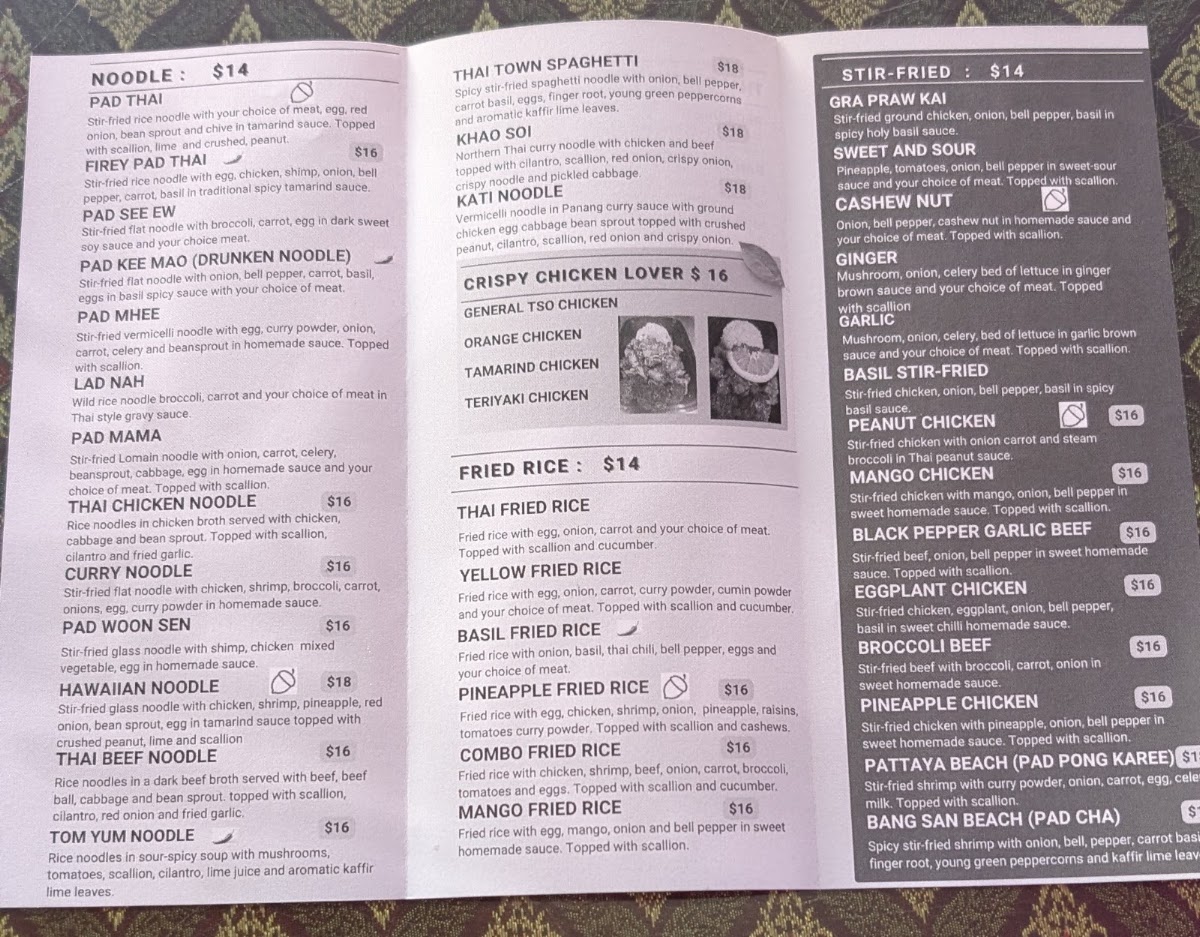 Thai Town Cafe Geneseo menu board