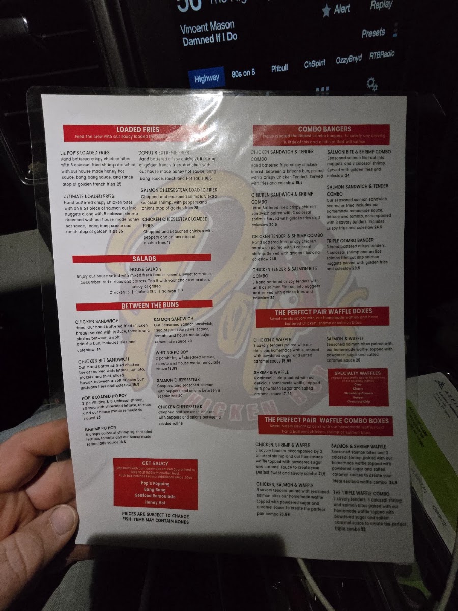 Pops Chicken Box menu board